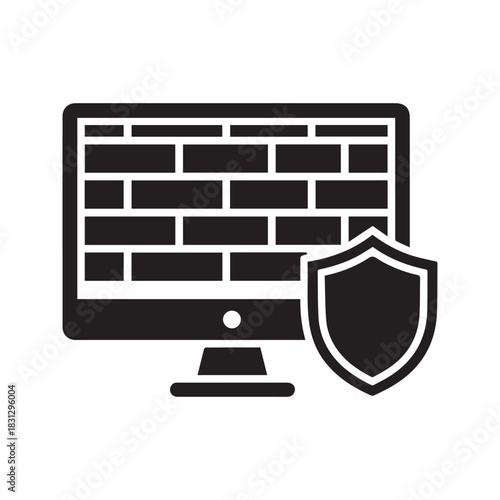 Firewall black glyph icon. Network security and data protection symbol. Computer monitor with brick wall and shield representing cybersecurity and system defense.
