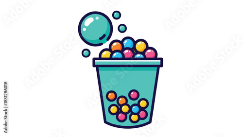 Colorful Gumballs Overflowing from a Teal Bucket with Bubbles.