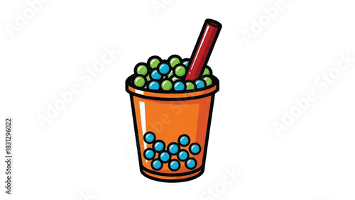 Cartoon illustration of a bubble tea drink with colorful tapioca pearls.