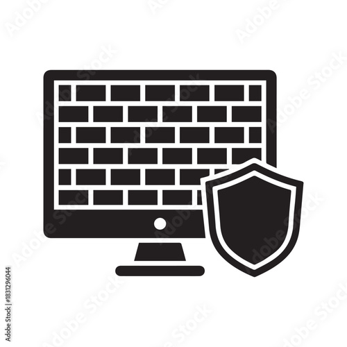 Firewall black glyph icon. Network security and data protection symbol. Computer monitor with brick wall and shield representing cybersecurity and system defense.

