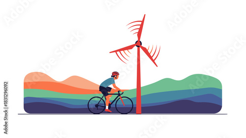Cyclist pedals past wind turbine, symbolizing eco-friendly lifestyle and renewable energy sources, with smooth vector design suitable for environmental campaigns