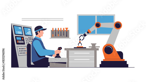 Modern factory worker controlling robotic arm for automated production process, showcasing precision manufacturing and technology-driven industrial automation