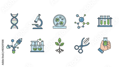 Set of colorful biotechnology and science icons for research and development.