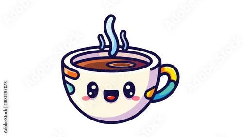 Cute Kawaii Coffee Cup Character with Happy Face and Steam.