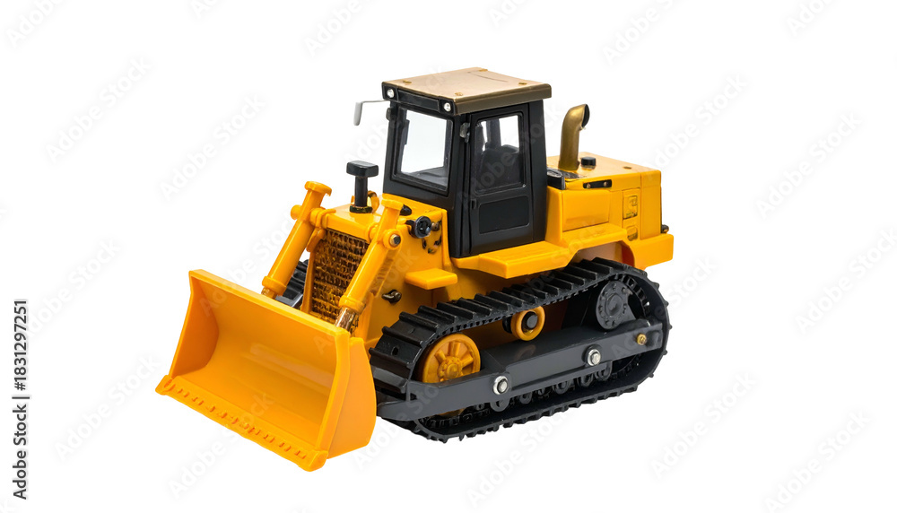 Fototapeta premium Yellow toy bulldozer with gray tracks on a black background