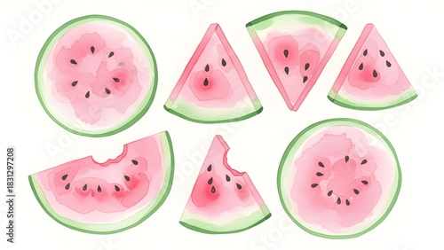 Hand-painted vibrant pink and green watermelon slices and full rounds, some with playful bite marks, perfect for summer themes and fresh fruit.