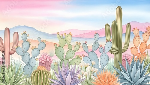 Pastel desert landscape with various cacti, succulents, and mountains under a soft, gradient sky in a gentle, illustrative style.