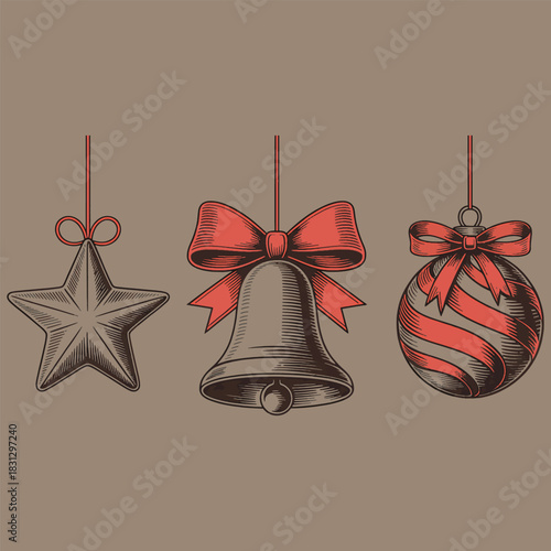 Engraved Christmas Star Bell and Ornament with Red Ribbons on Brown Background vector illustration
