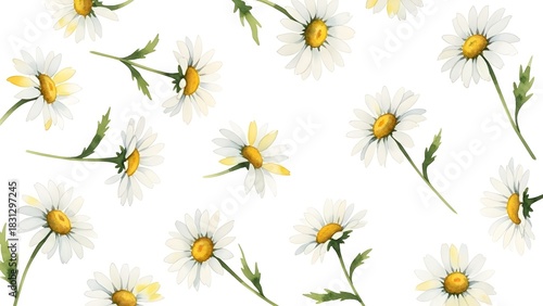 Watercolor white daisy flowers with yellow centers and green stems scattered on a clean background, botanical seamless pattern artwork.