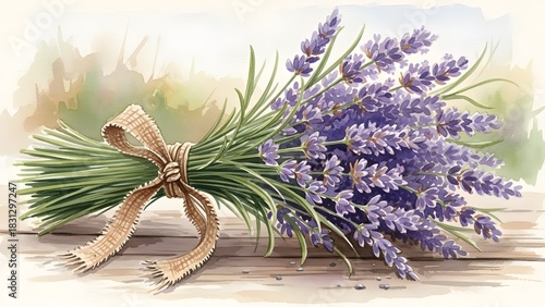 Watercolor lavender bouquet illustration with rustic ribbon on wooden surface, conveying natural beauty and calm country charm.