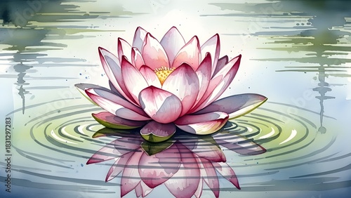 Watercolor painting of a serene pink and white lotus flower blooming gracefully on calm water, with subtle ripples and a clear reflection.