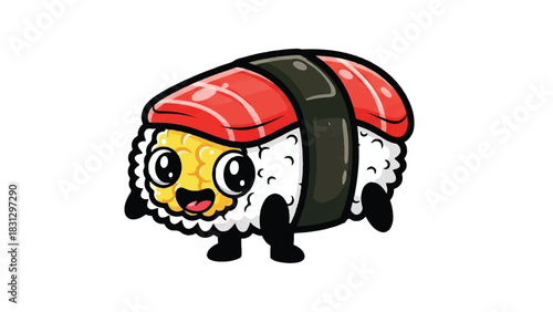 Cute Cartoon Sushi Character with Salmon Topping.