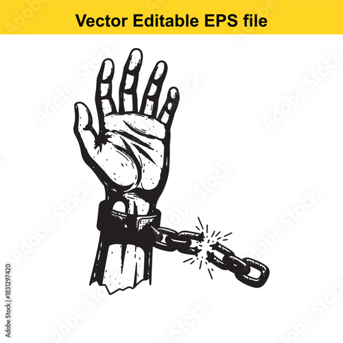 Hand breaking free from a broken shackle and chain in a vintage sketch style, symbolizing freedom and liberation, isolated on white background