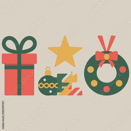 Group of Flat Design Christmas Icons Featuring Gift Box Star Tree and Wreath holiday present