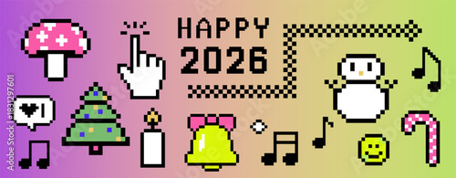Pixel-art vector illustration bursting with retro 8-bit festive icons and a giant cursor hand pointing to bold “HAPPY 2026” text. Nostalgic New Year celebration vibe. Set of pixelated graphics.