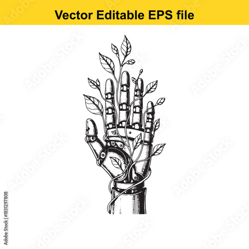 Black and white vector illustration of a detailed robotic hand intertwined with growing plant vine and leaves, symbolizing nature and technology balance, isolated on white background