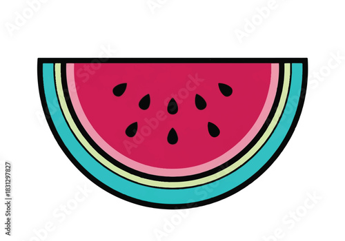 A vibrant slice of watermelon with black seeds and colorful rind.