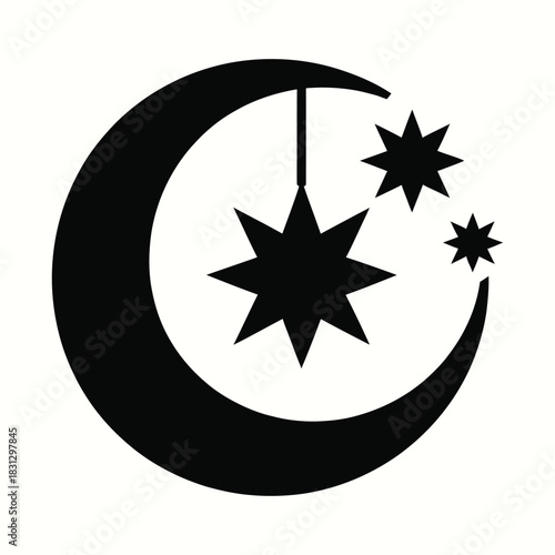 Crescent Moon with Hanging Stars – Mystical Night Sky Symbol of Wonder, Dreams, and Celestial Magic in Minimalist Silhouette


