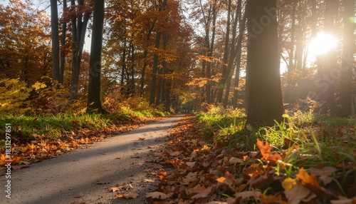 A winding path through a golden autumn forest at sunset