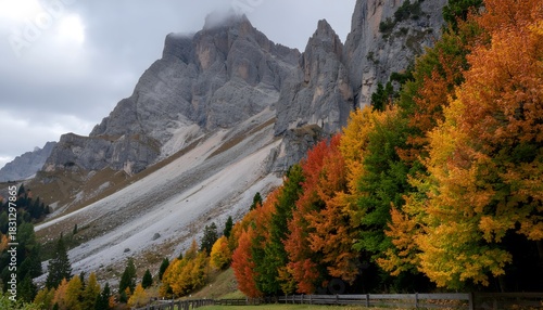 Mountain landscape showing the contrast between colorful trees and grey rock.
