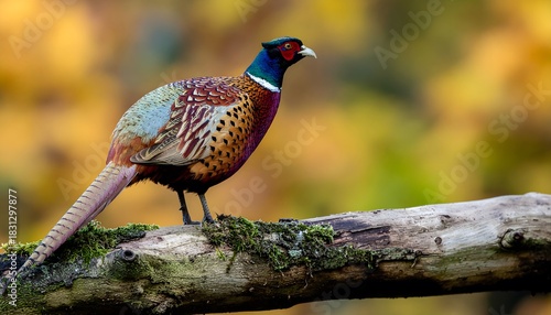 A beautiful male pheasant with colorful plumage standing on a mossy log