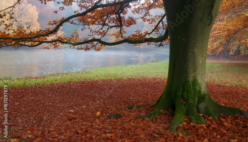 Reflections on a quiet lake surrounded by warm, golden autumn colors