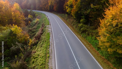 Empty asphalt road curving through a vibrant autumn forest from above