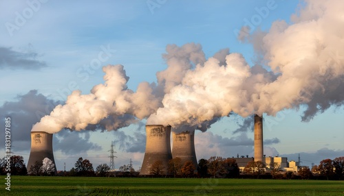Massive cooling towers of a power plant releasing steam into the blue sky
