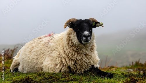 A large, black-faced sheep with horns resting in the foggy highlands