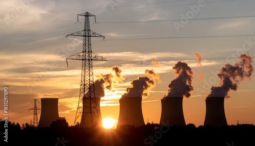Silhouette of a nuclear power plant cooling towers at sunset.