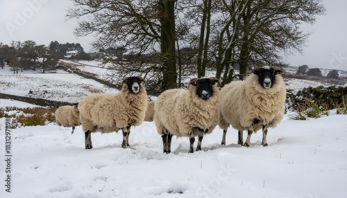 Hardy black-faced sheep standing in deep snow during wintertime
