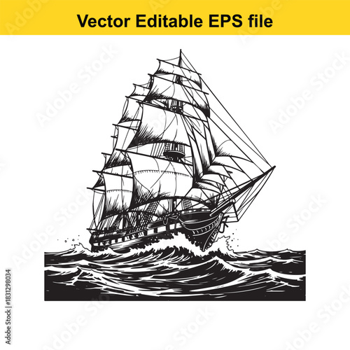 Black and white vector illustration of a majestic tall ship or galleon sailing through rough ocean waves, isolated on white background