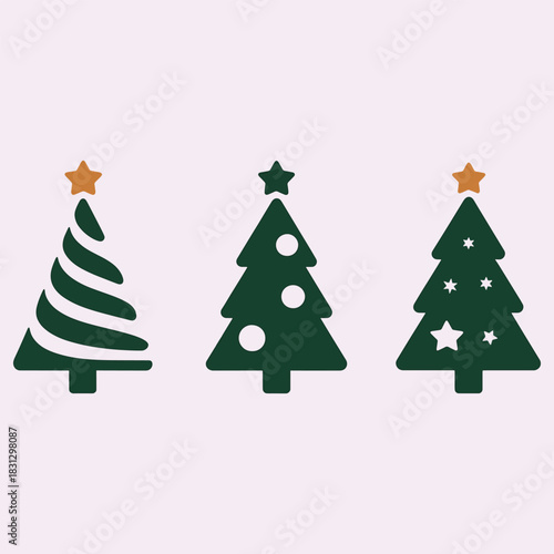 Three Stylized Christmas Trees with Stars and Dots on Pink Background holiday winter