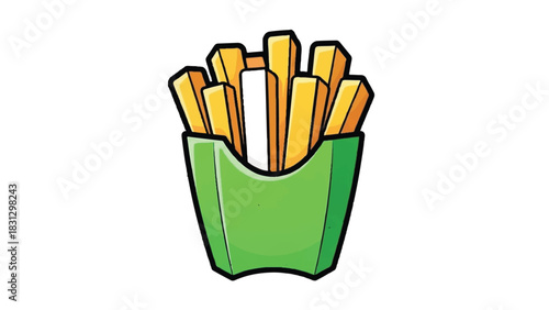 A vibrant illustration of french fries in a green container.