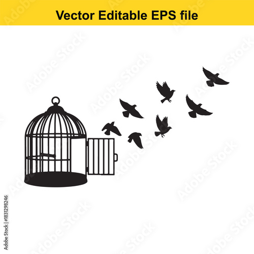 Silhouette of birds flying out of an open birdcage, symbolizing freedom and escape, isolated on white background