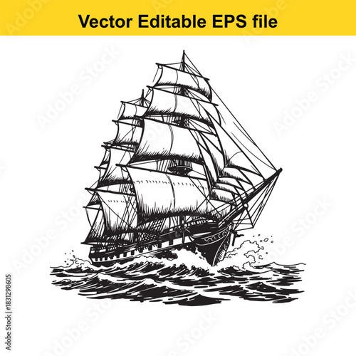 Wallpaper Mural Vintage hand drawn sketch of a large historical sailing ship or tall ship with full sails navigating rough ocean wave water isolated on white background Torontodigital.ca