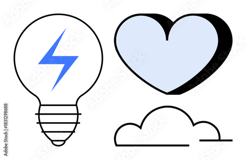 Light bulb with a lightning bolt, layered heart, simple cloud design. Ideal for innovation, renewable energy, love, inspiration, simplicity technology conceptual thinking. Bold and simple flat