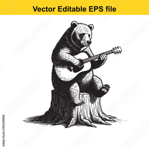 Black and white vector illustration of a grizzly bear sitting on a tree stump and playing an acoustic guitar, isolated on white background