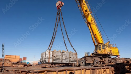Outdoor heavyduty die casting operation featuring a large industrial crane lifting sizable cast parts under bright daylight.