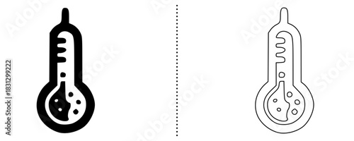 Thermometer Icon Set – Temperature Measurement Symbol with Scale and Liquid Indicator in Bold and Outline Line Style for Medical, Health Check, and Climate Graphic Designs