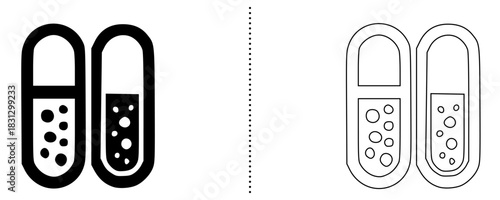 Capsule Medicine Icon Set – Pharmaceutical Pills with Granule Details in Bold and Outline Line Style for Healthcare, Pharmacy, Treatment, and Medical Packaging Designs
