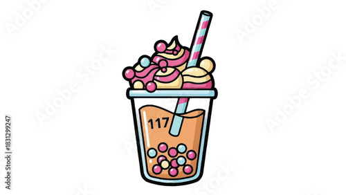 Cute cartoon bubble tea with colorful toppings and boba pearls.