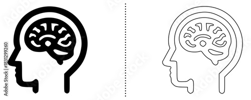 Human Brain Icon Set – Head Silhouette with Neural Structure in Bold and Outline Style for Medical, Psychology, Neurology, Mental Health, and Educational Graphic Designs