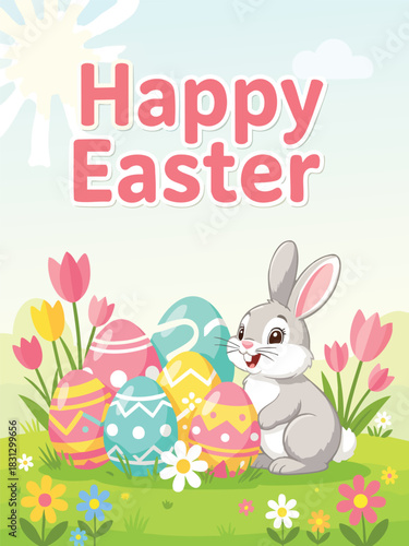Cute Easter Bunny with Colorful Eggs and Spring Flowers in Sunny Meadow