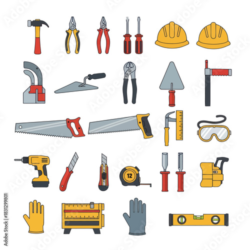 Construction tools and equipment for building and repair work on white background.