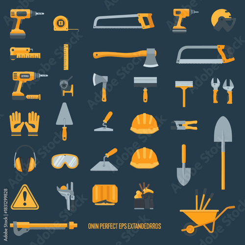 Construction tools and equipment collection on a dark background for building and repair.