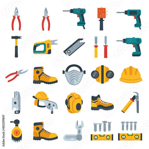 Vector set of construction tools and safety equipment icons.
