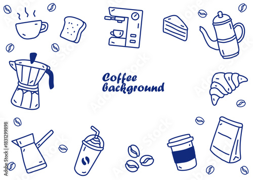 A set of coffee illustration pattern with blue line and white background, food packaging, menu illustration hand drawn print ads, food business, coffee shop