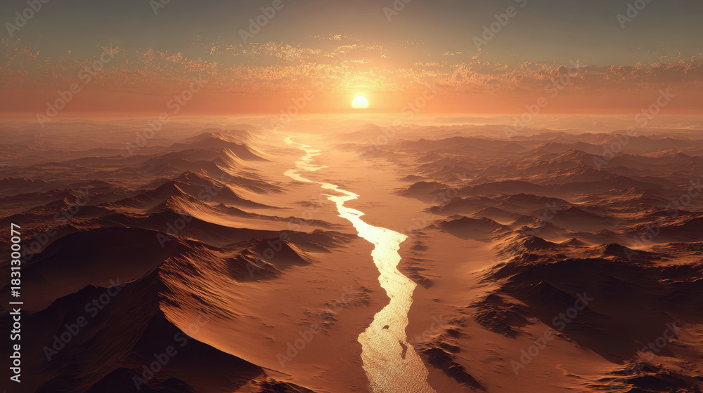 Obraz premium River in desert, breathtaking sunset over mars-like rocky landscape, water in sandy dunes