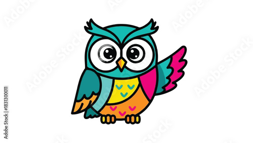 Colorful cartoon owl with big eyes and outstretched wing waving hello.